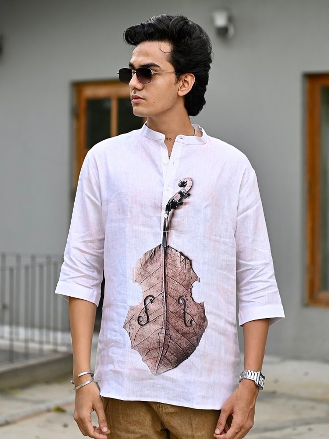 

ADDY'S for men Comfort Conversational Printed Band Collar Casual Shirt, White