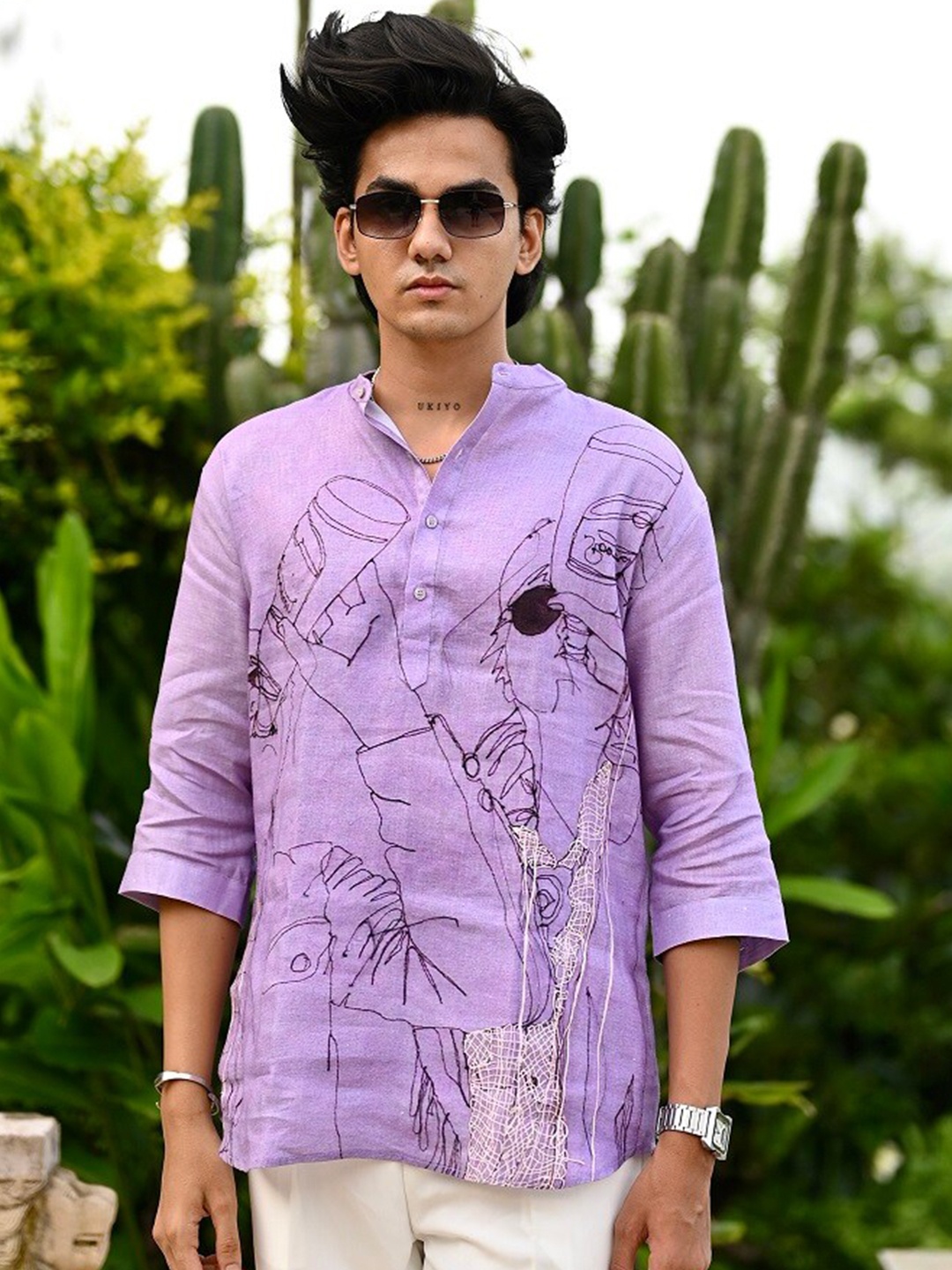 

ADDY'S for men Comfort Regular Fit Conversational Printed Semi Sheer Linen Casual Shirt, Lavender