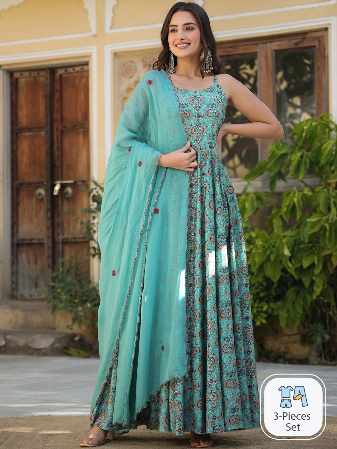 

Rangeelo Ethnic Motifs Printed Chanderi Silk Anarkali Kurta With Dupatta, Blue