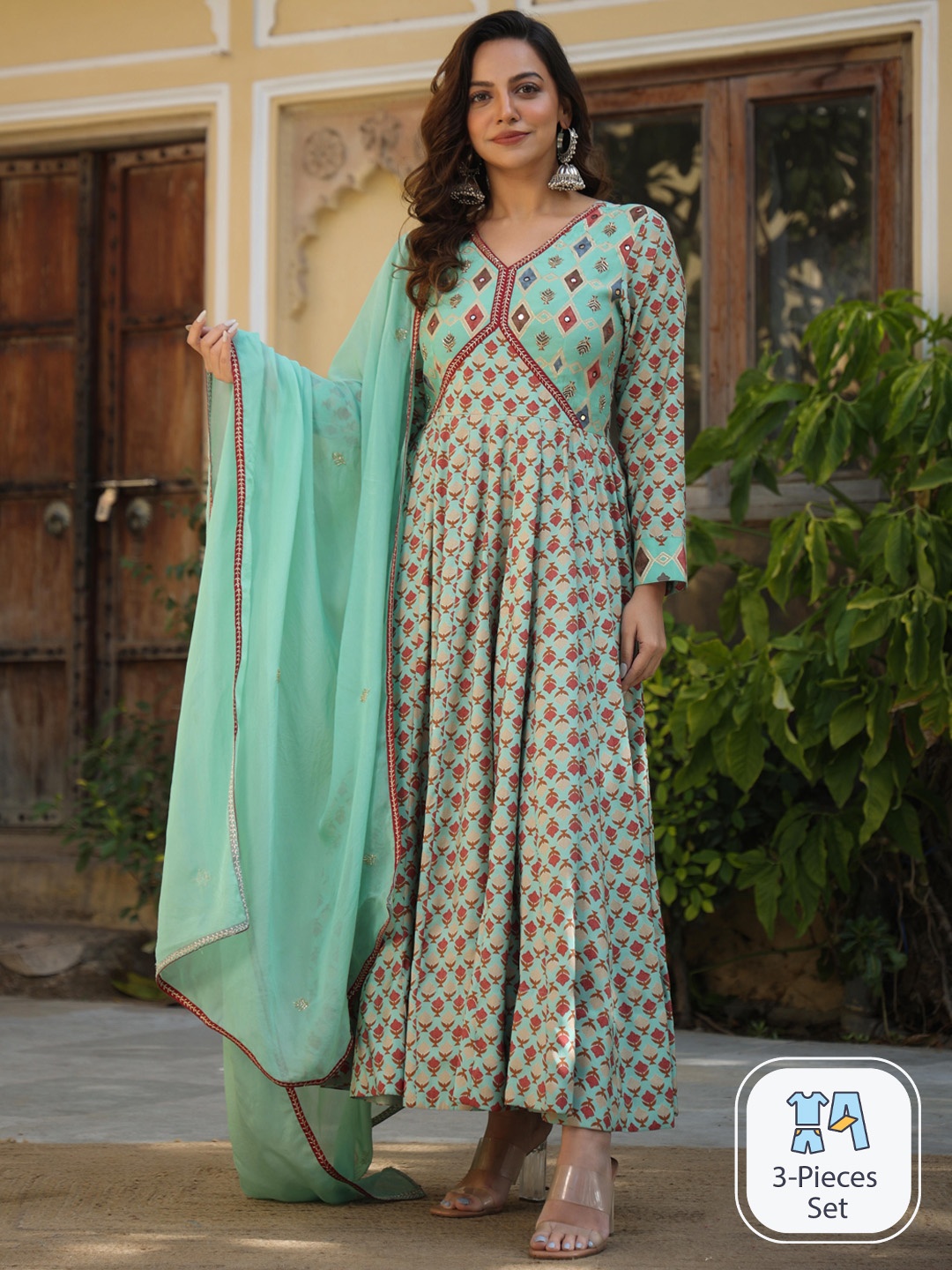 

Rangeelo Ethnic Motifs Printed Gathered Fit & Flare Dress With Dupatta, Blue