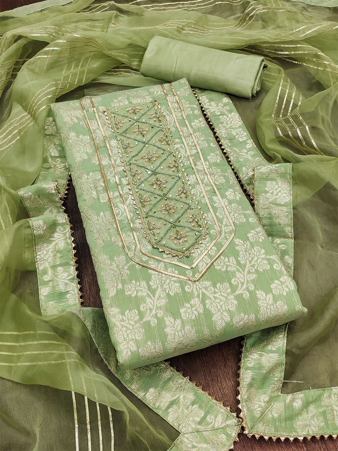 

KALINI Floral Woven Design Gotta Patti Unstitched Dress Material, Green