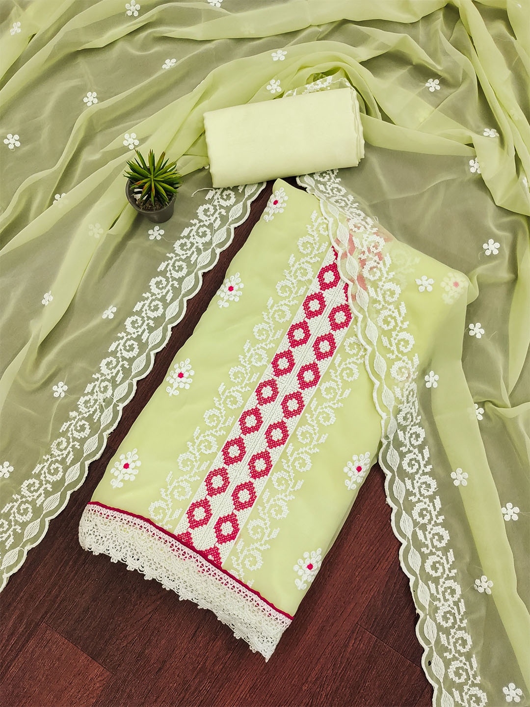 

KALINI Green & White Embroidered Silk Georgette Unstitched Dress Material