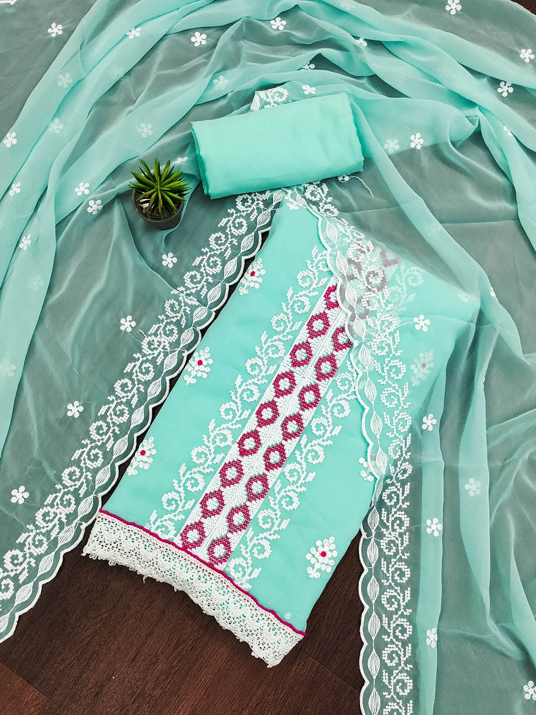

KALINI Ethnic Motif Embroidered Unstitched Dress Material, Sea green