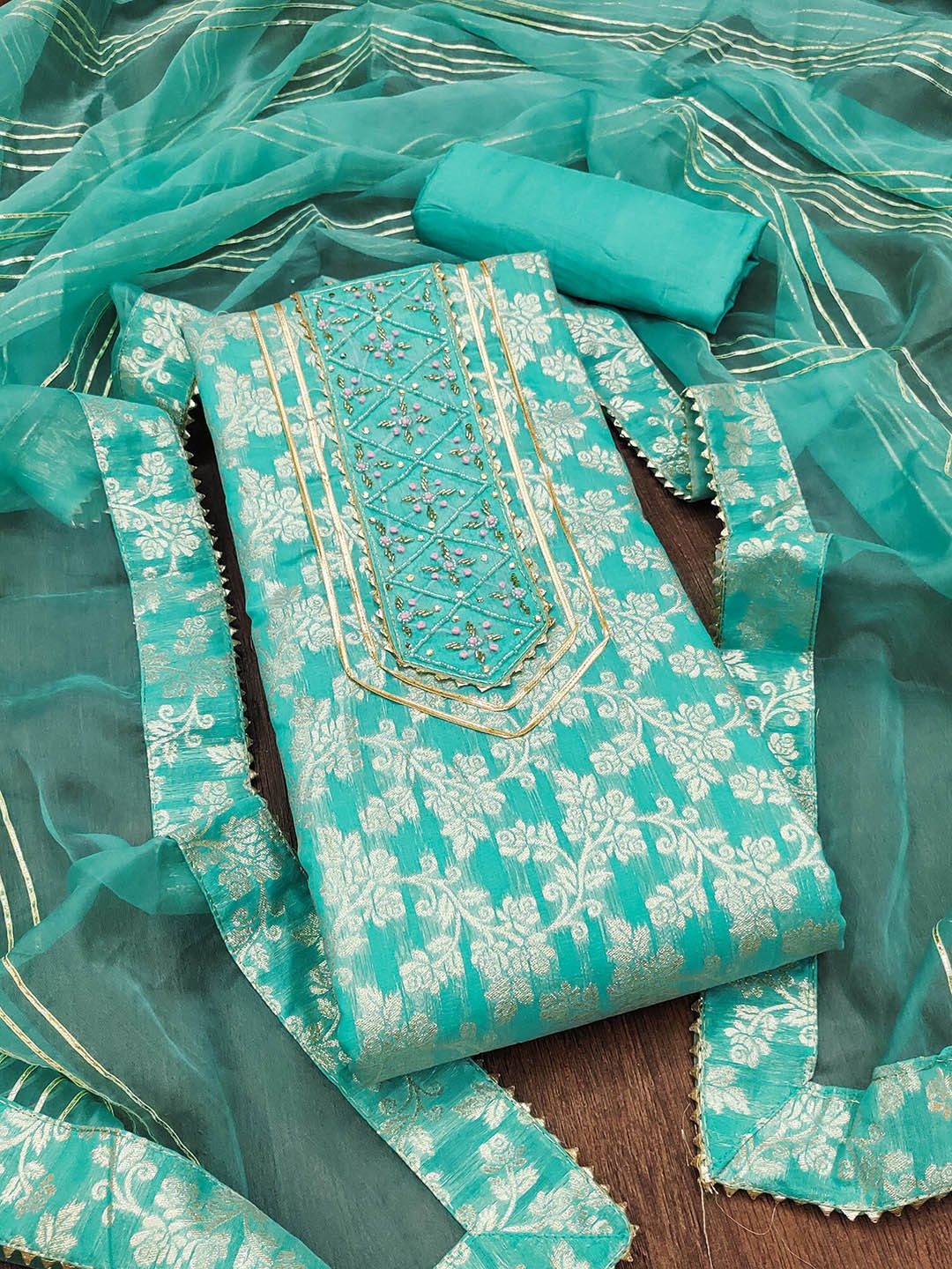 

KALINI Woven Design Beads & Stones Unstitched Dress Material, Sea green