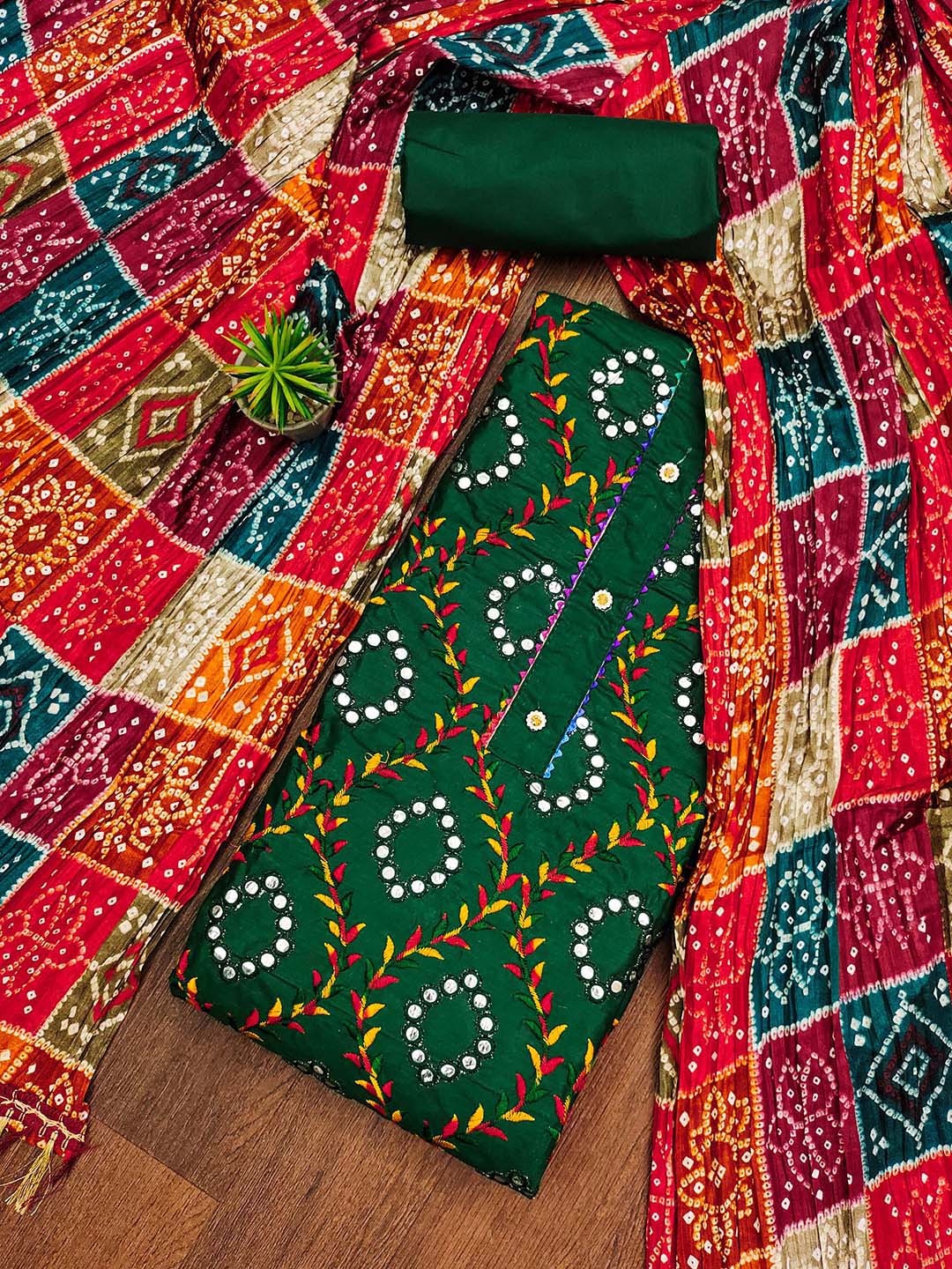 

KALINI Ethnic Motif Embroidered Mirror Work Pure Cotton Unstitched Dress Material, Green