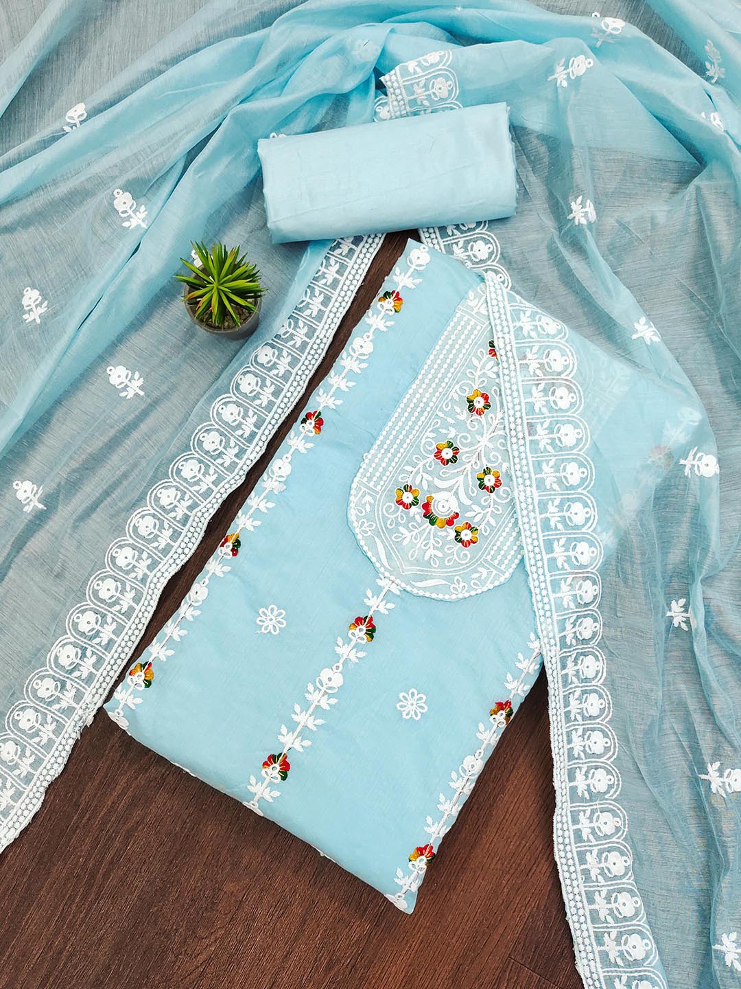 

KALINI Floral Embroidered Unstitched Dress Material, Blue