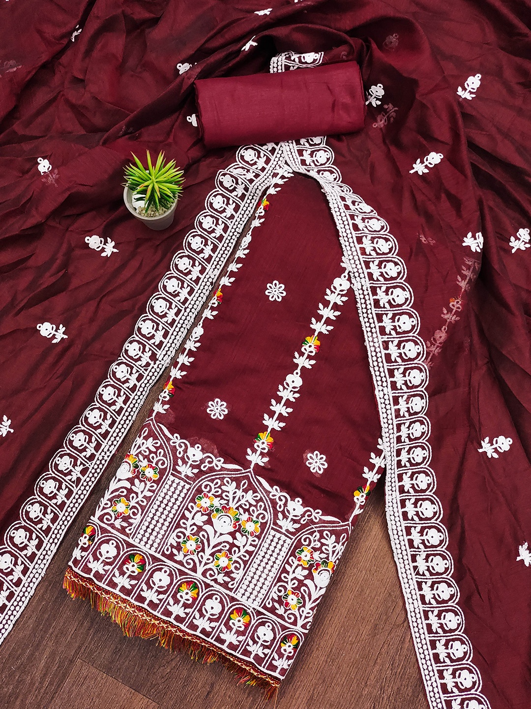 

KALINI Floral Embroidered Unstitched Dress Material, Maroon