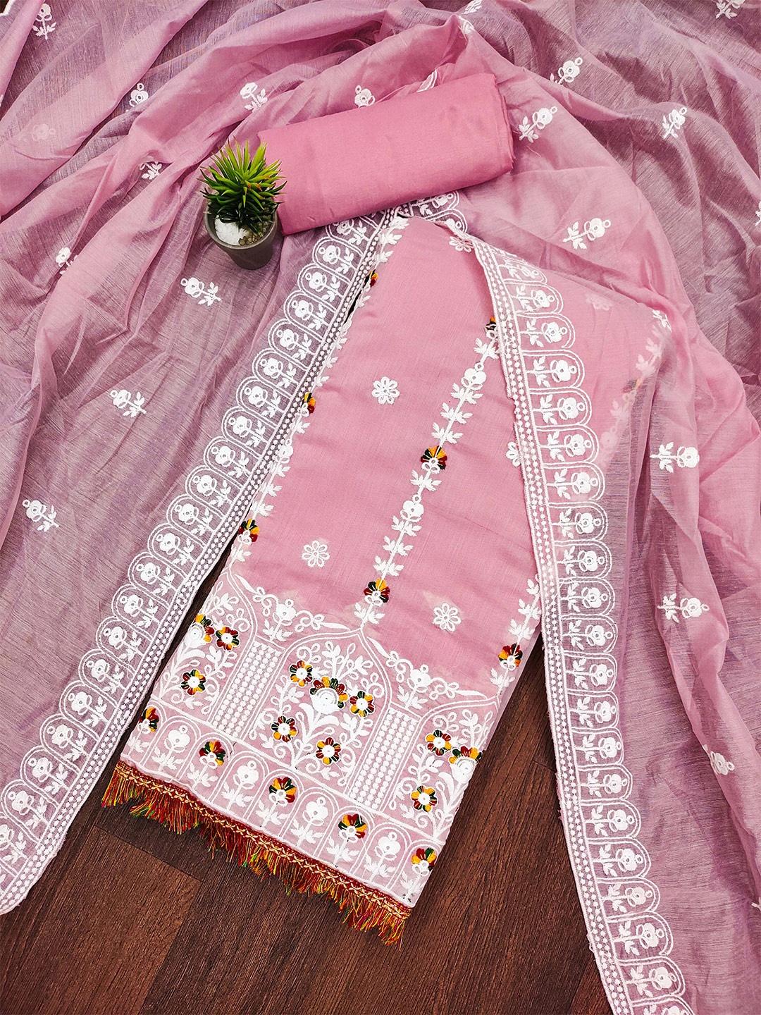 

KALINI Floral Embroidered Chanderi Cotton Unstitched Dress Material, Pink