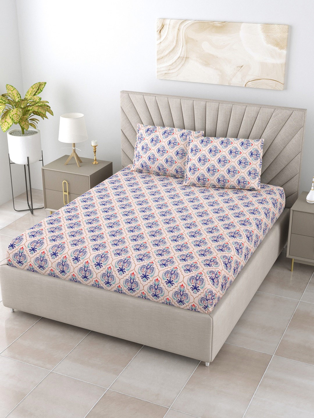 

BOMBAY DYEING Dream Lover Blue Ethnic Cotton 104 TC Queen Bedsheet With 2 Pillow Covers