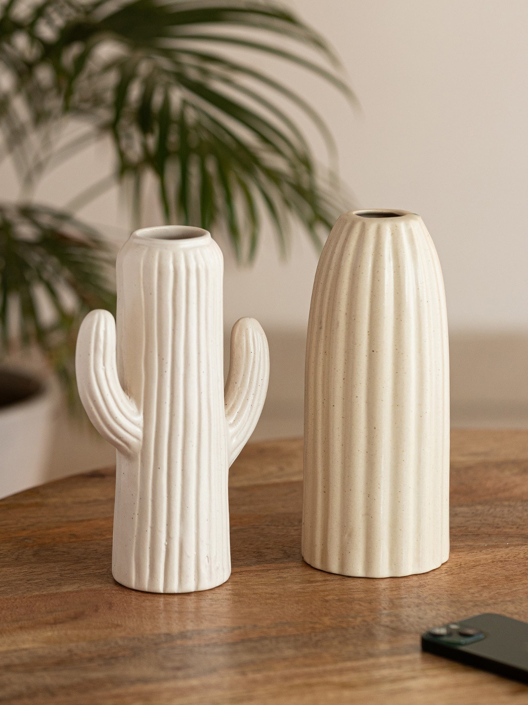 

ExclusiveLane Cream Coloured 2 Pieces Grooved & Cactus Vases