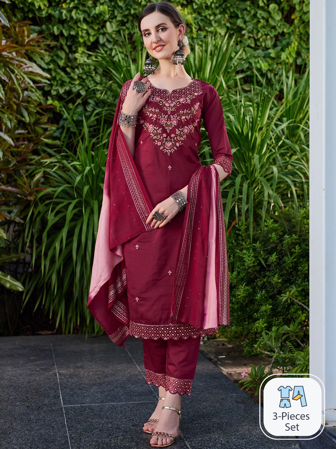 

Berrylicious Floral Embroidered Chanderi Cotton Straight Kurta & Trouser With Dupatta, Maroon