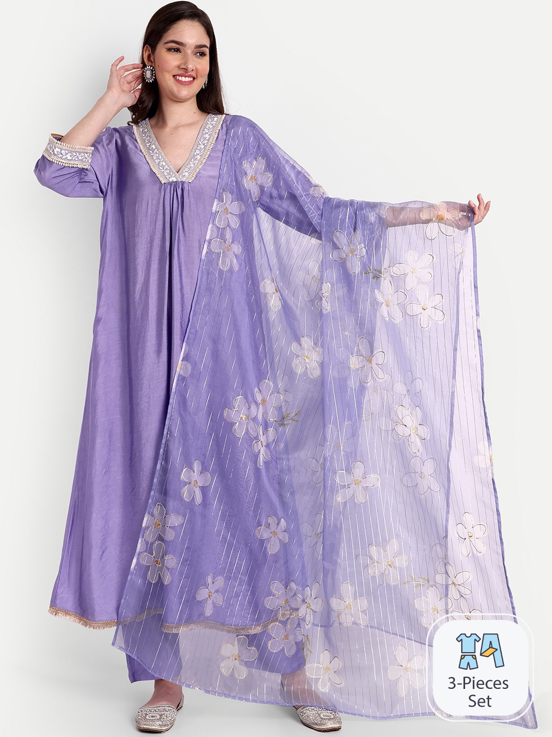 

TYAAR Beads And Stones Anarkali Kurta With Trousers & Dupatta, Purple
