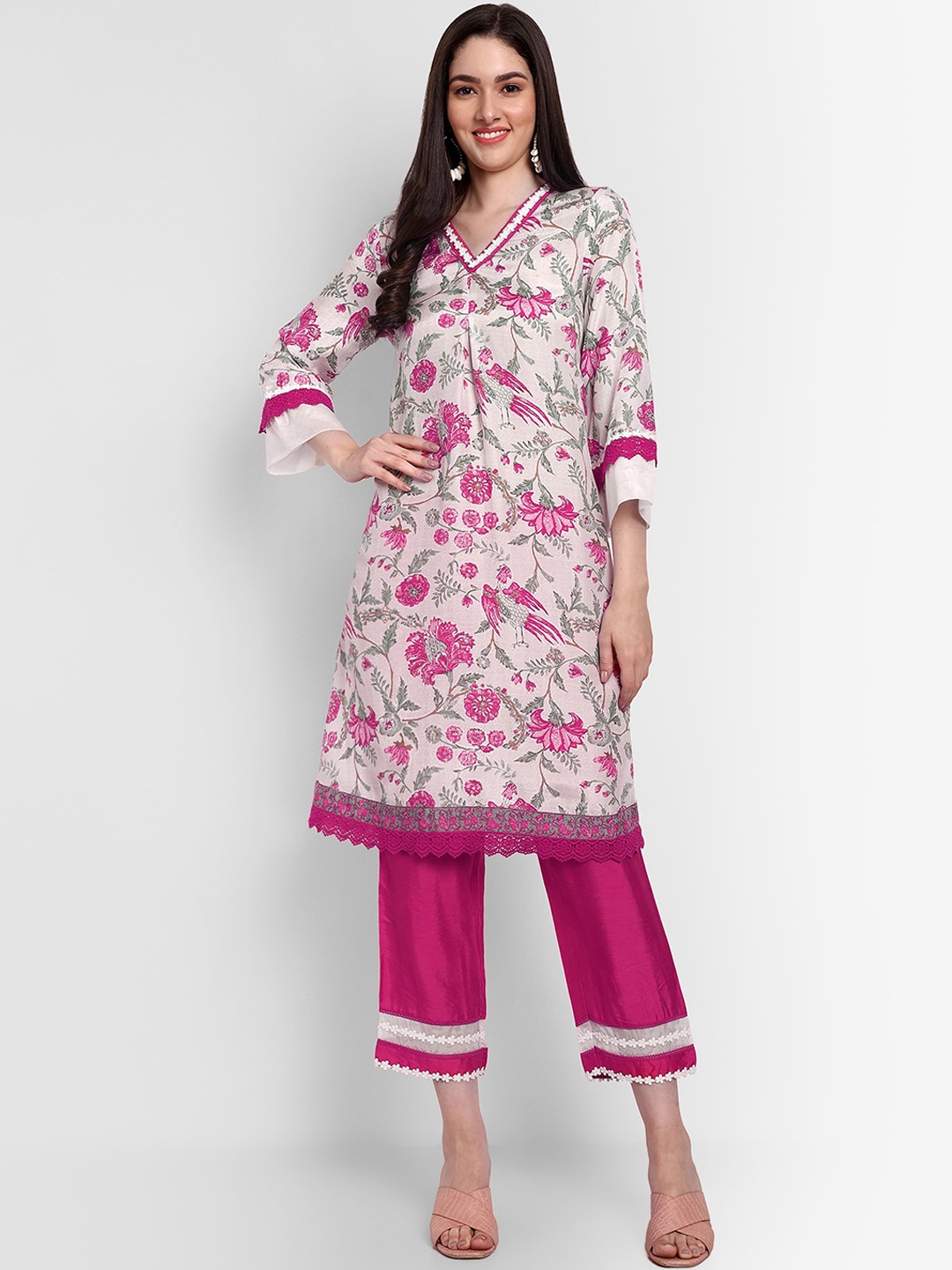 

TYAAR Floral Printed A Line Kurta With Trousers, Off white