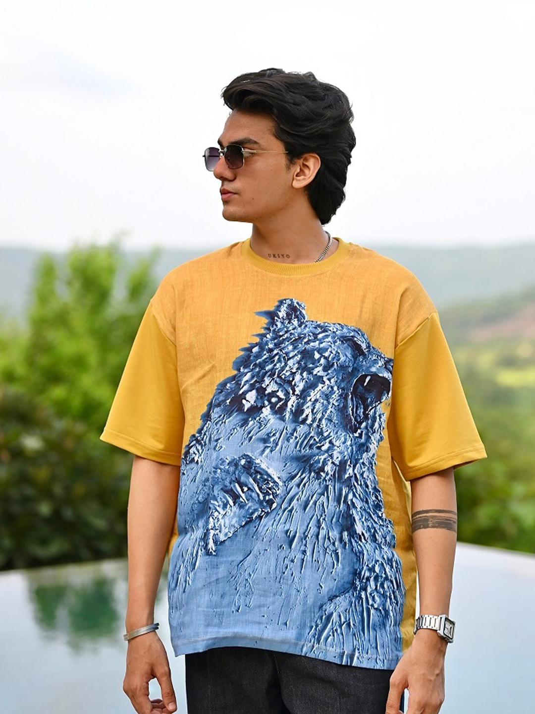 

ADDY'S for men Graphic Printed Round Neck Drop-Shoulder Sleeves Linen Oversized T-shirt, Mustard