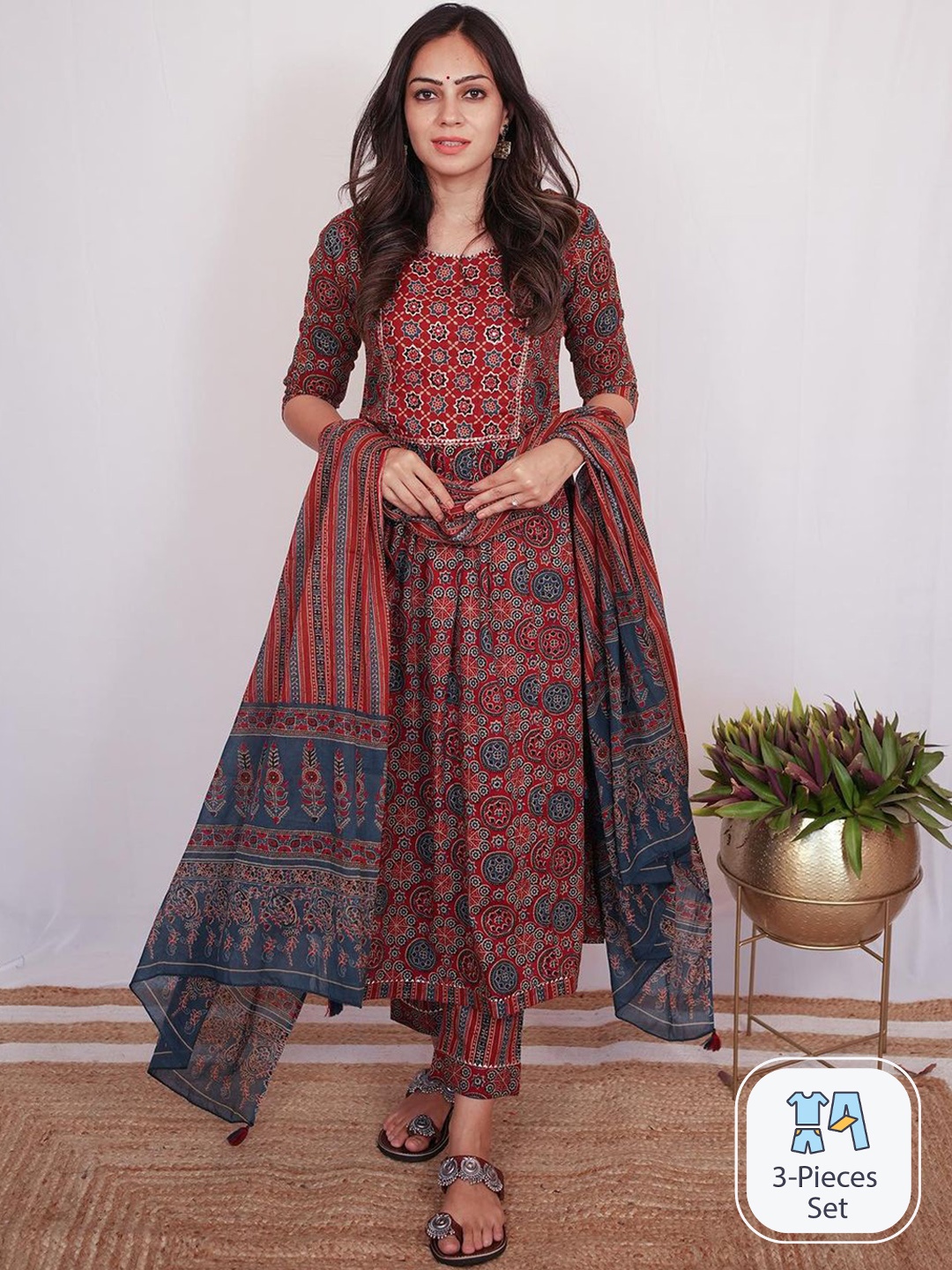 

KALINI Ethnic Motifs Printed Pure Cotton Kurta With Trousers & Dupatta, Maroon