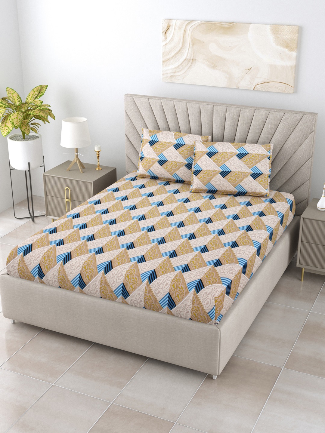 

BOMBAY DYEING Dream Lover Blue Geometric Cotton 104 TC King Bedsheet With 2 Pillow Covers