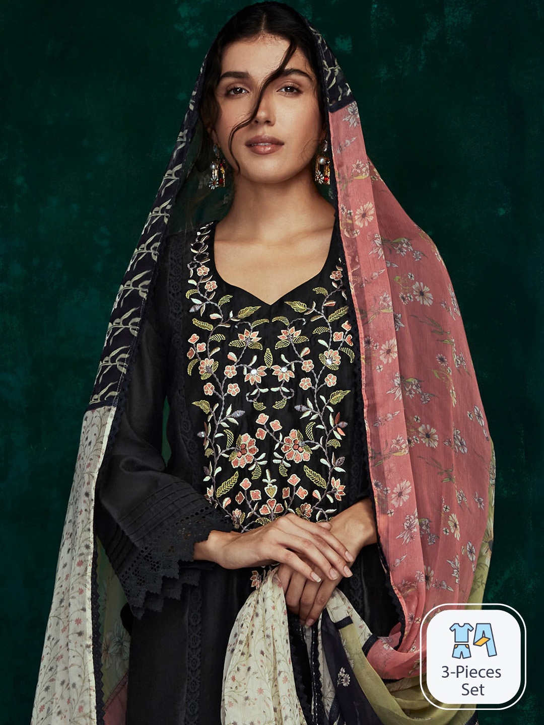 

Indo Era Floral Embroidered Regular Thread Work Kurta with Trousers & Dupatta, Black
