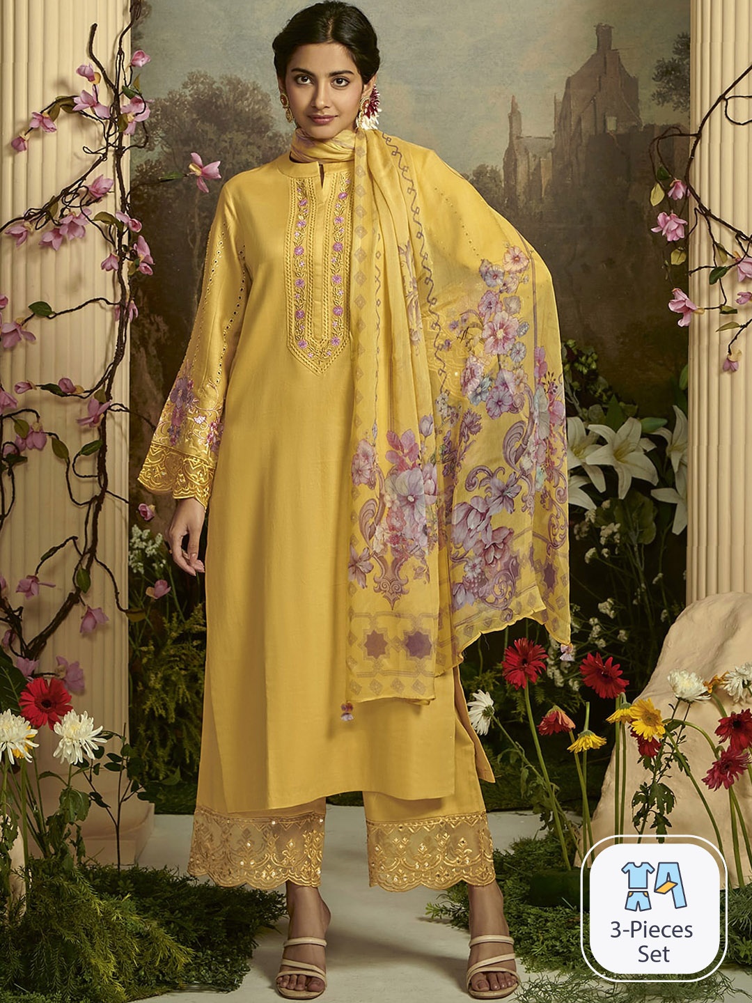 

Indo Era Floral Yoke Designed Regular Thread Work Kurta with Trousers & Dupatta, Mustard