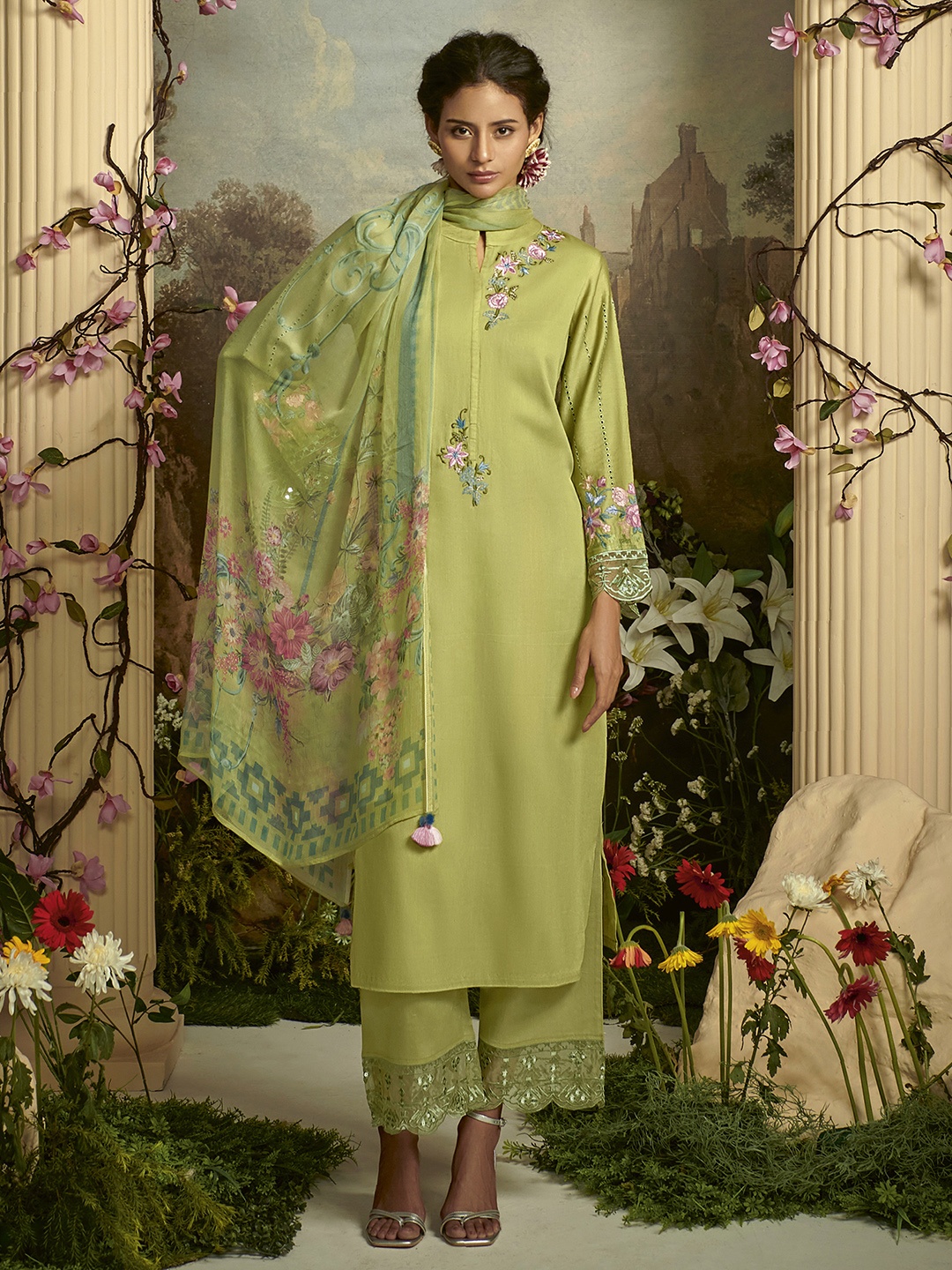 Indo Era Floral Embroidered Regular Straight Kurta & Trousers With Dupatta, Green