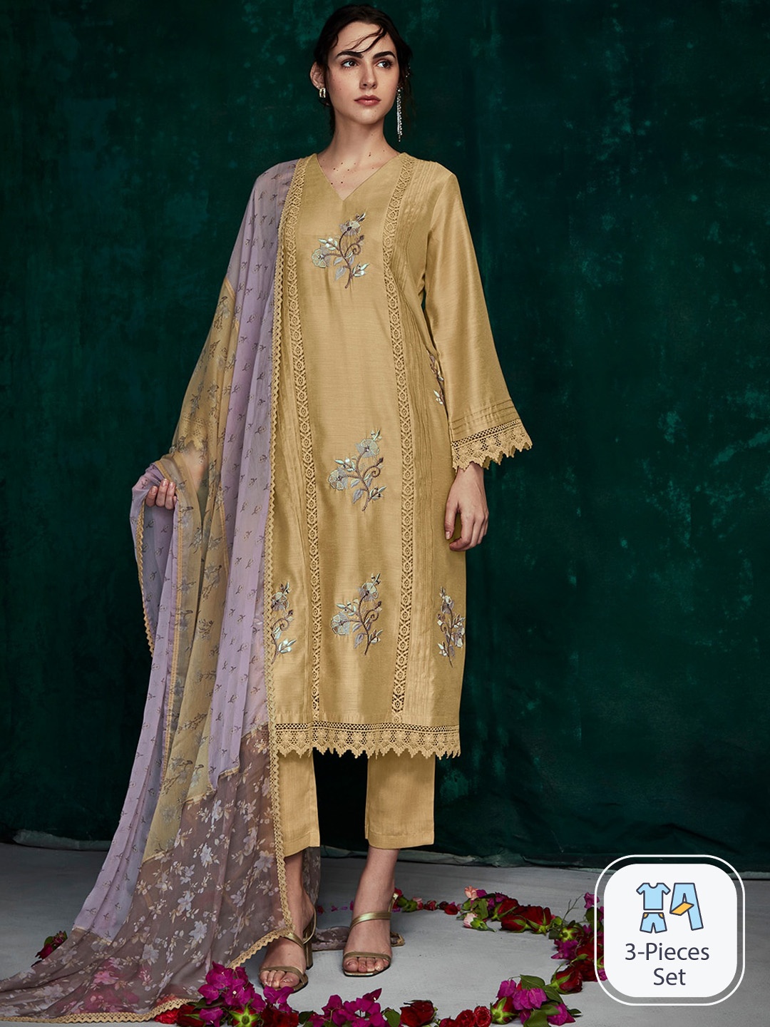 

Indo Era Floral Embroidered Thread Work Kurta with Trousers & Dupatta, Mustard