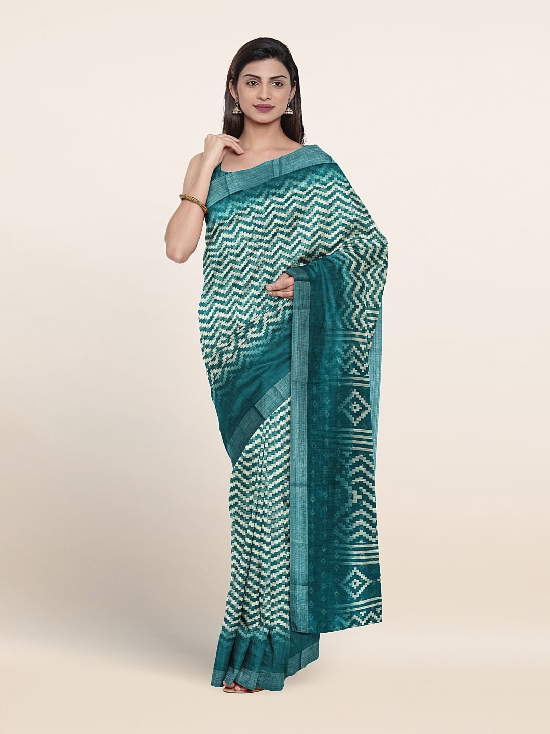

Pothys Geometric Printed Zari Saree, Green