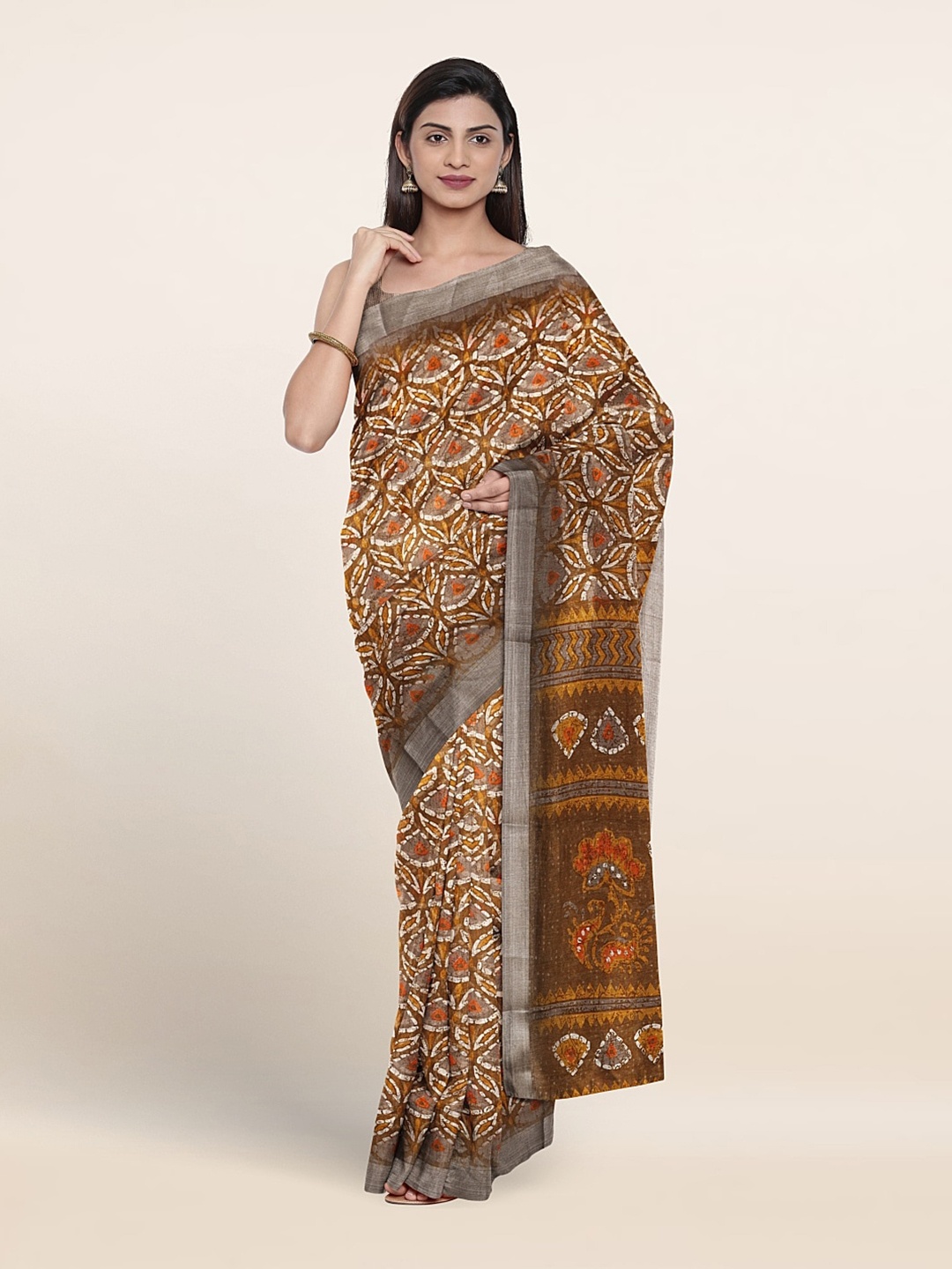 

Pothys Floral Printed Zari Saree, Brown