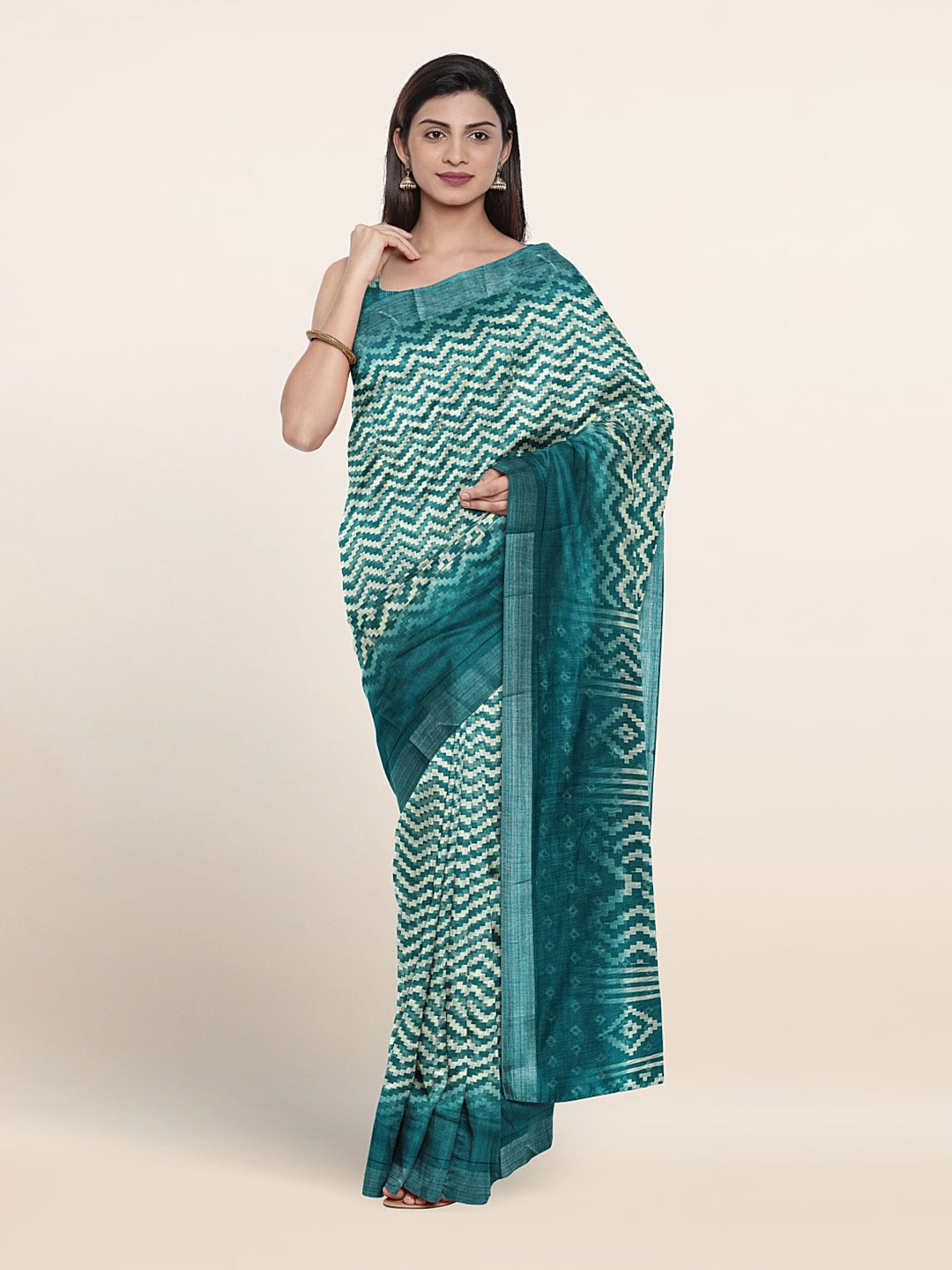 

Pothys Geometric Printed Zari Saree, Green