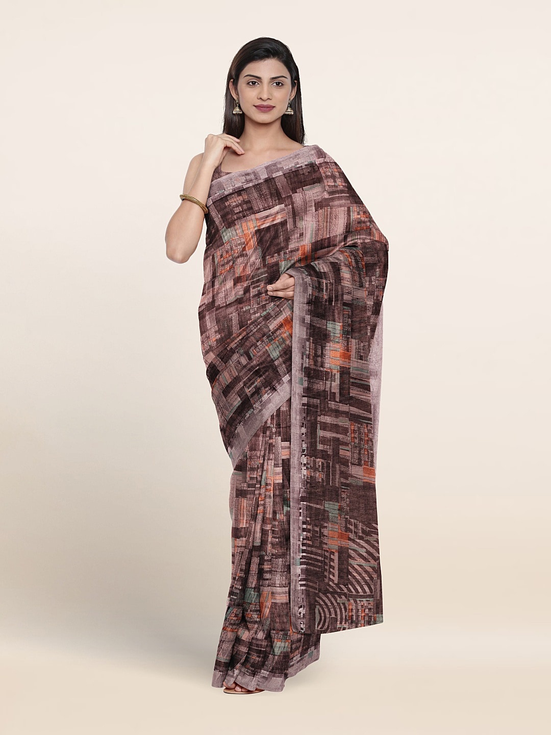 

Pothys Geometric Printed Zari Saree, Brown