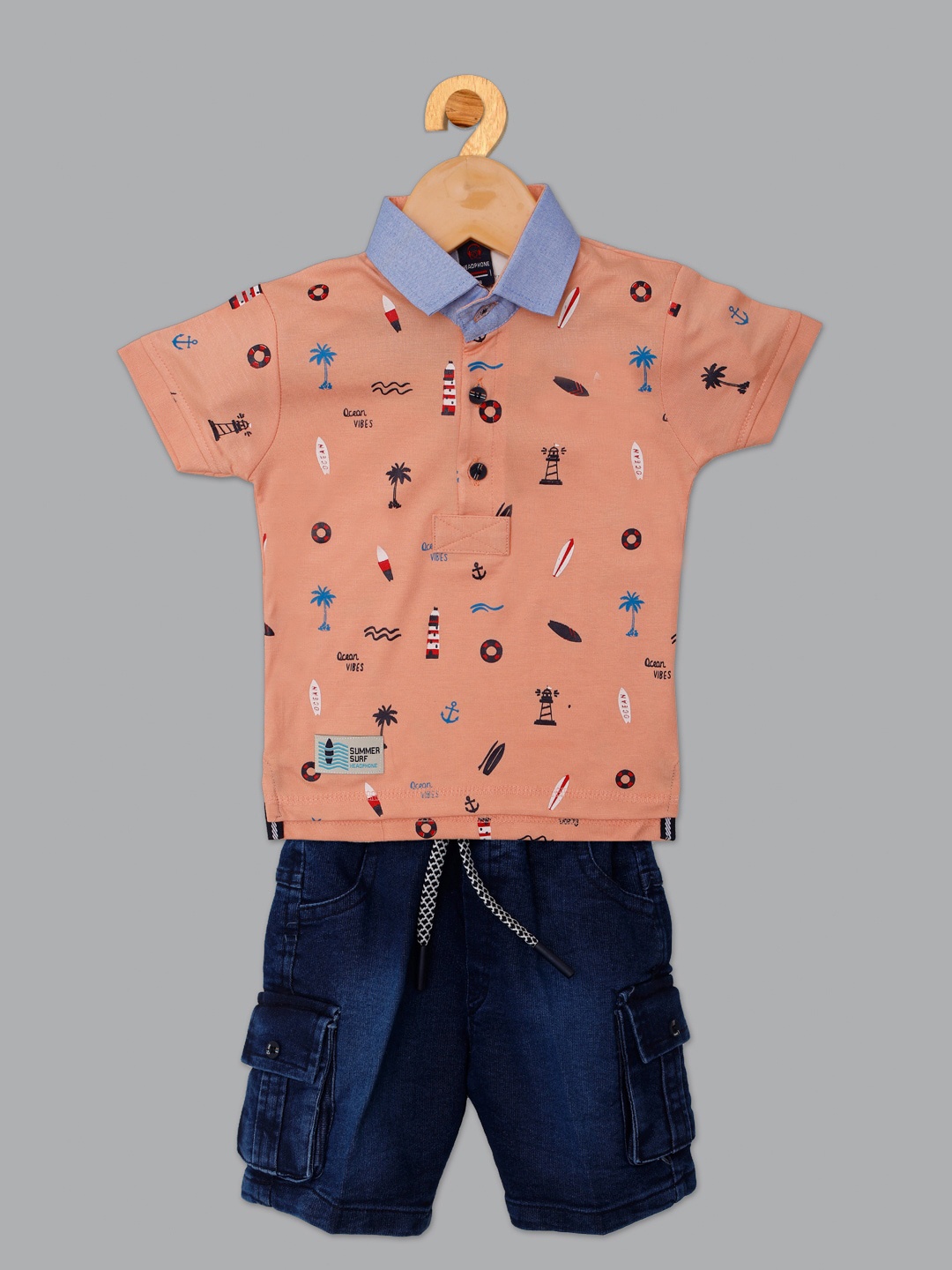 

AHEADPHONE Boys Printed Pure Cotton T-shirt with Shorts, Orange