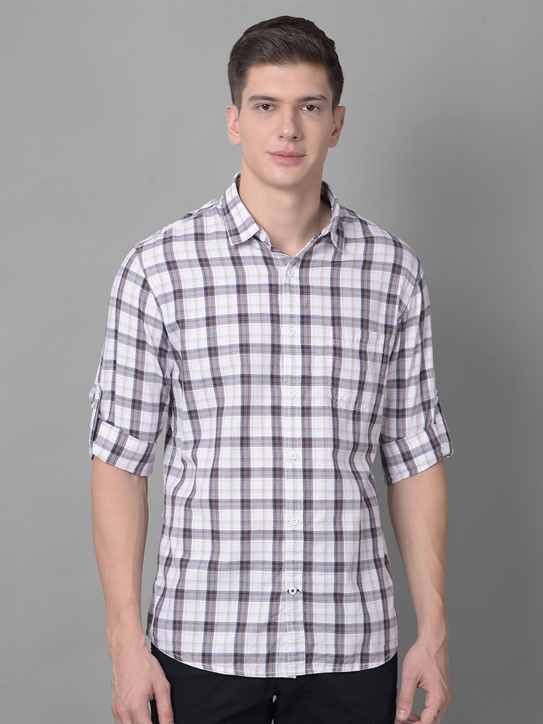 

Canary London Smart Slim Fit Tartan Checks Roll-Up Sleeves Twill Cotton Casual Shirt, Beige
