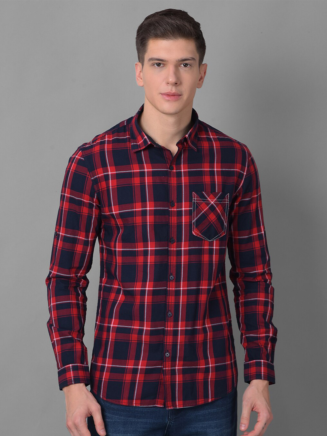 

Canary London Smart Slim Fit Tartan Checked Spread Collar Long Sleeve Pocket Casual Shirt, Red