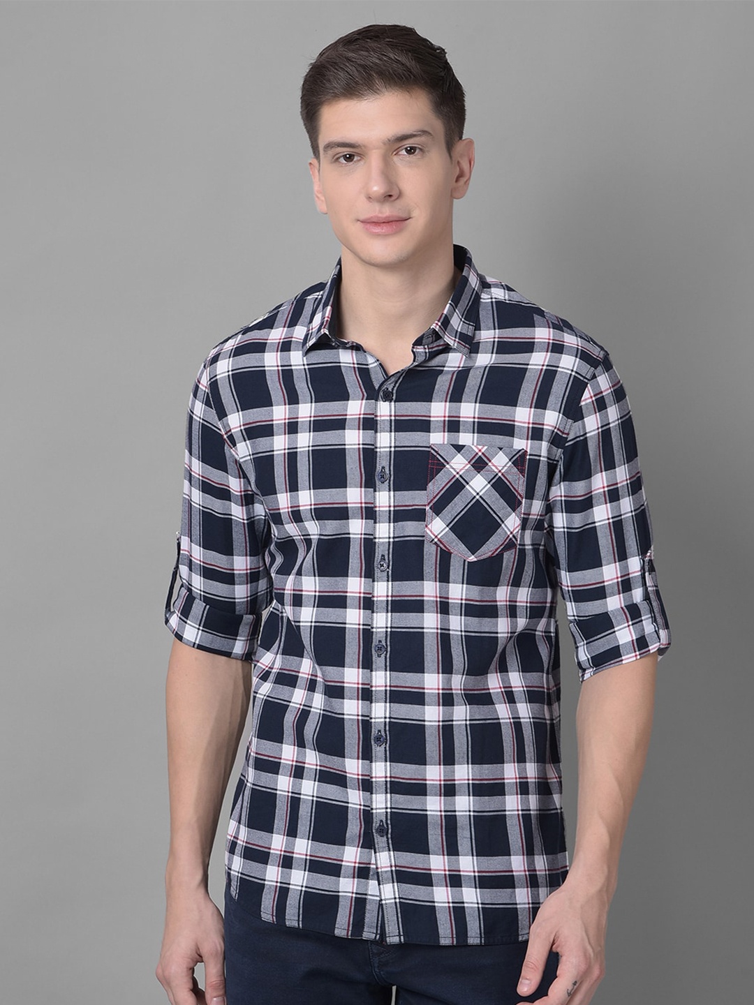

Canary London Smart Slim Fit Tartan Checks Roll-Up Sleeves Twill Cotton Casual Shirt, Navy blue
