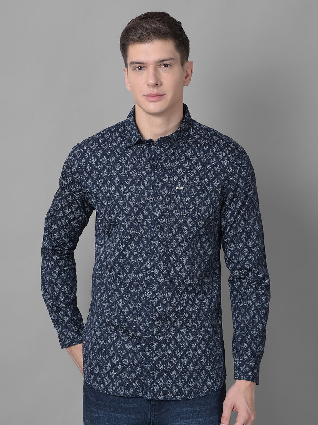 

Canary London Smart Slim Fit Ethnic Motifs Printed Cotton Casual Shirt, Navy blue