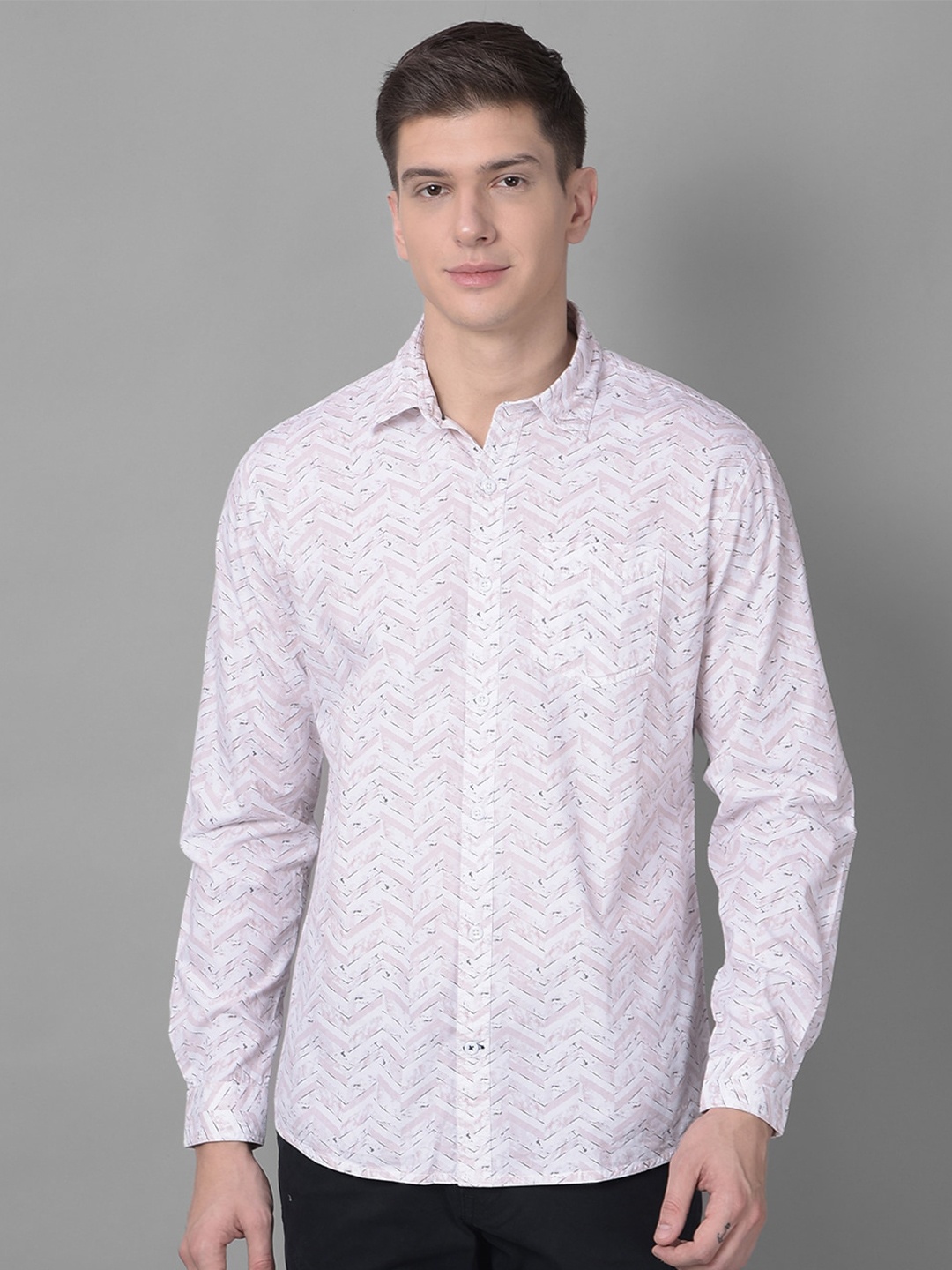 

Canary London Smart Slim Fit Chevron Printed Cotton Casual Shirt, Peach
