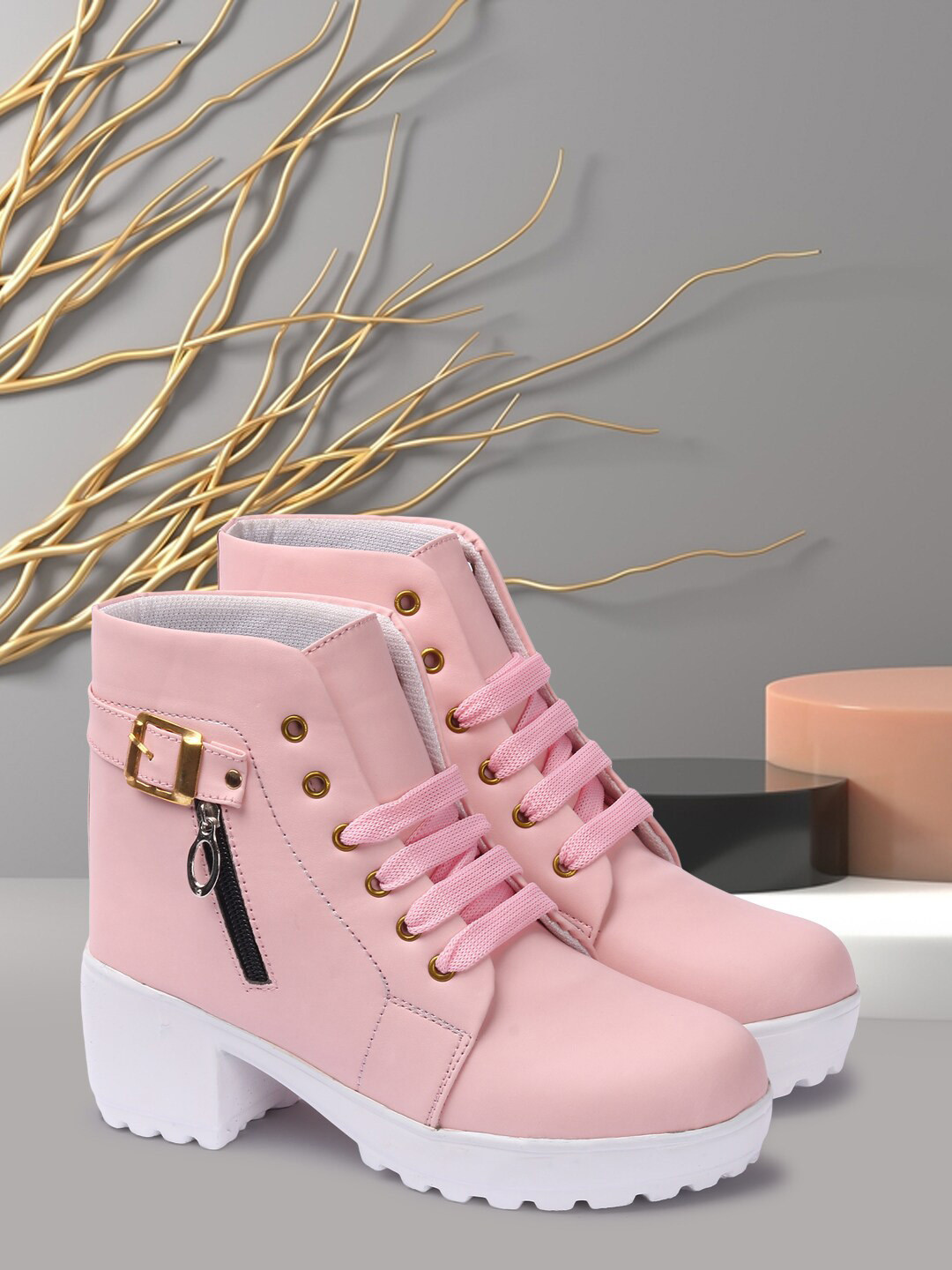 

FEET RUNNER Women Lace up Mid-Top Regular Boots, Pink