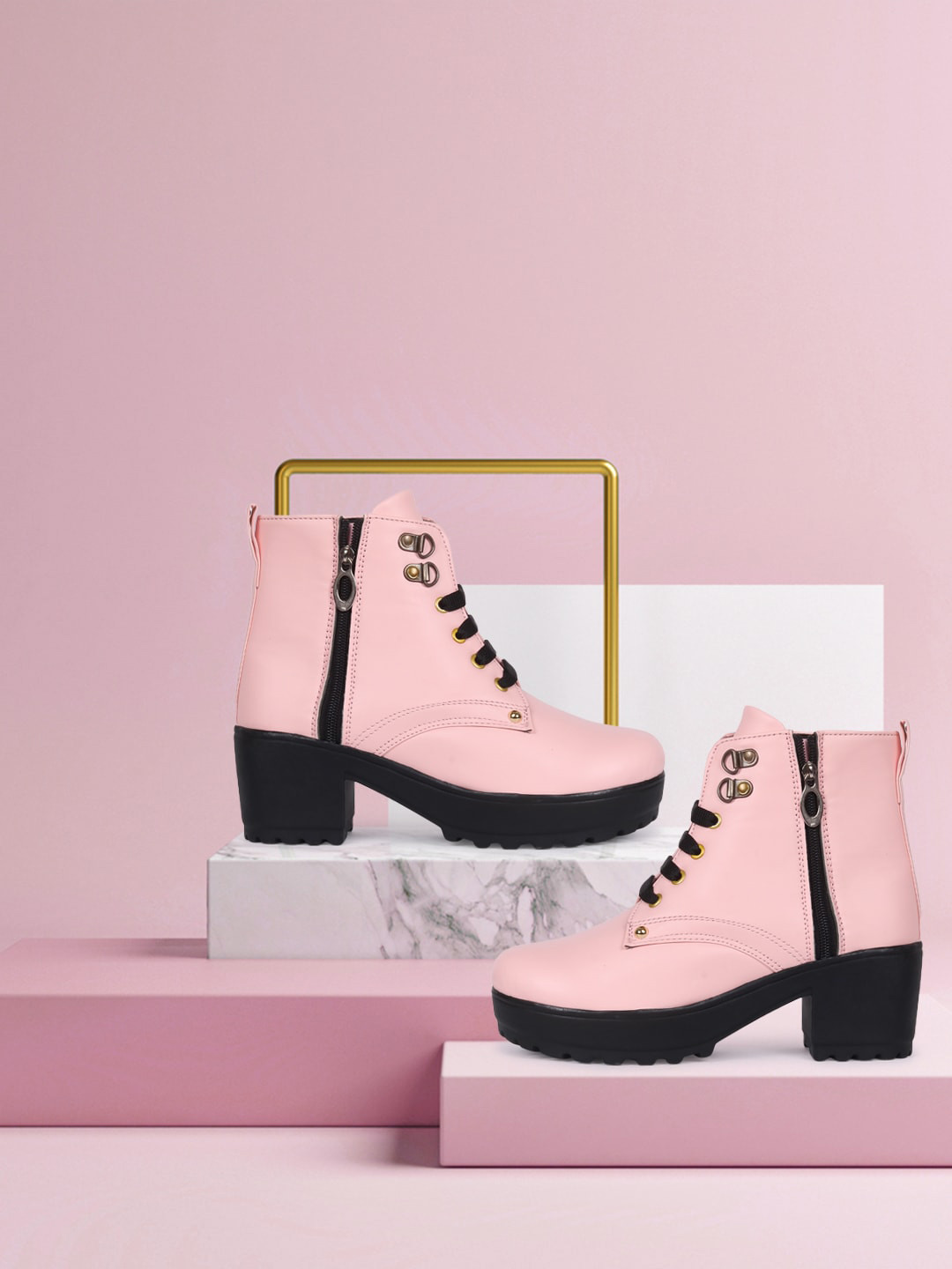 

FEET RUNNER Zipper Block Heeled Regular Boots, Pink
