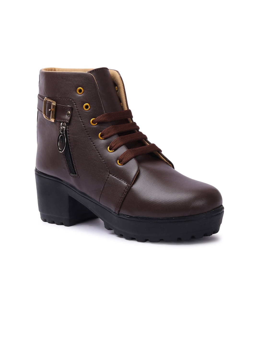 

FEET RUNNER Women Mid-Top Block Boots, Brown