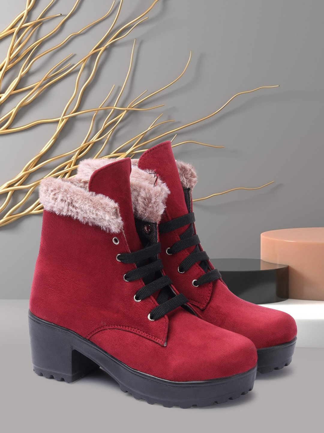

FEET RUNNER Women Lace up Winter Boots, Red