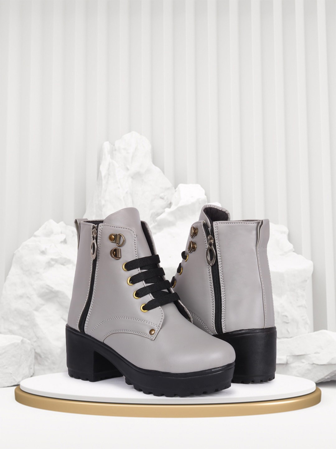 

FEET RUNNER Women Mid-Top Block Boots, Grey