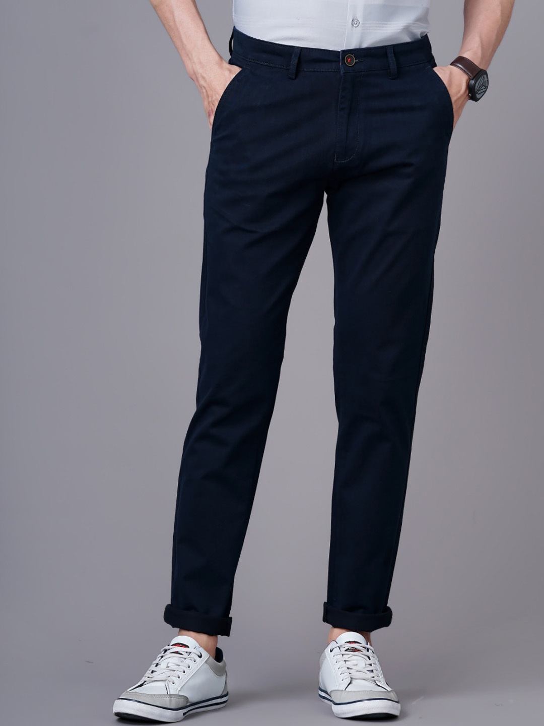 

PAUL STREET Men Smart Slim Fit Mid-Rise Cotton Chinos, Navy blue