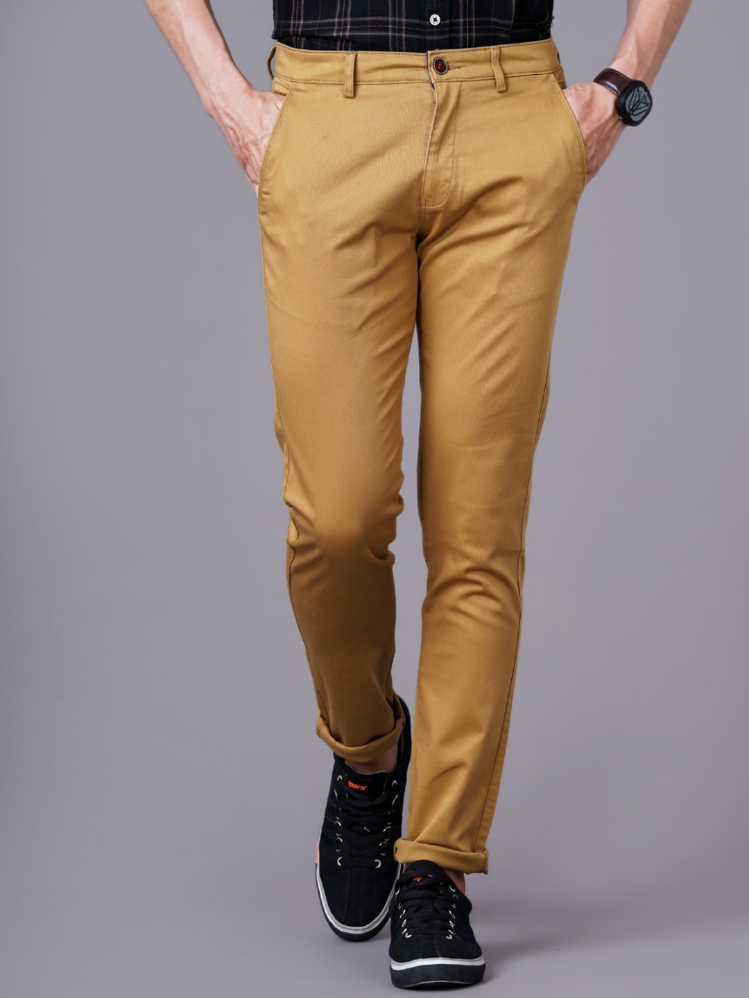 

PAUL STREET Men Smart Slim Fit Mid-Rise Cotton Chinos, Khaki