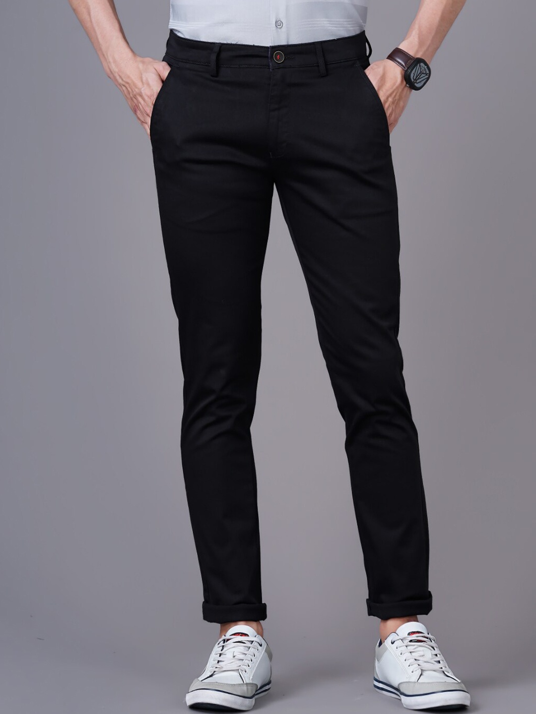 

PAUL STREET Men Smart Slim Fit Mid Rise Cotton Chinos, Black