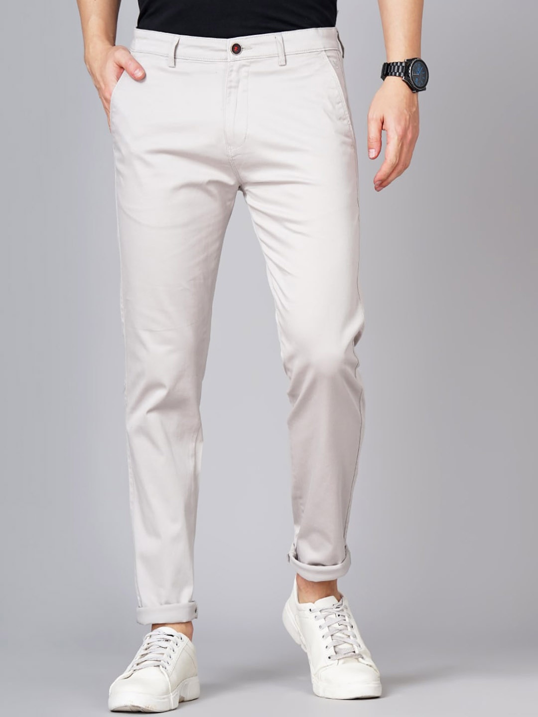 

PAUL STREET Men Smart Slim Fit Mid Rise Cotton Chinos, Grey