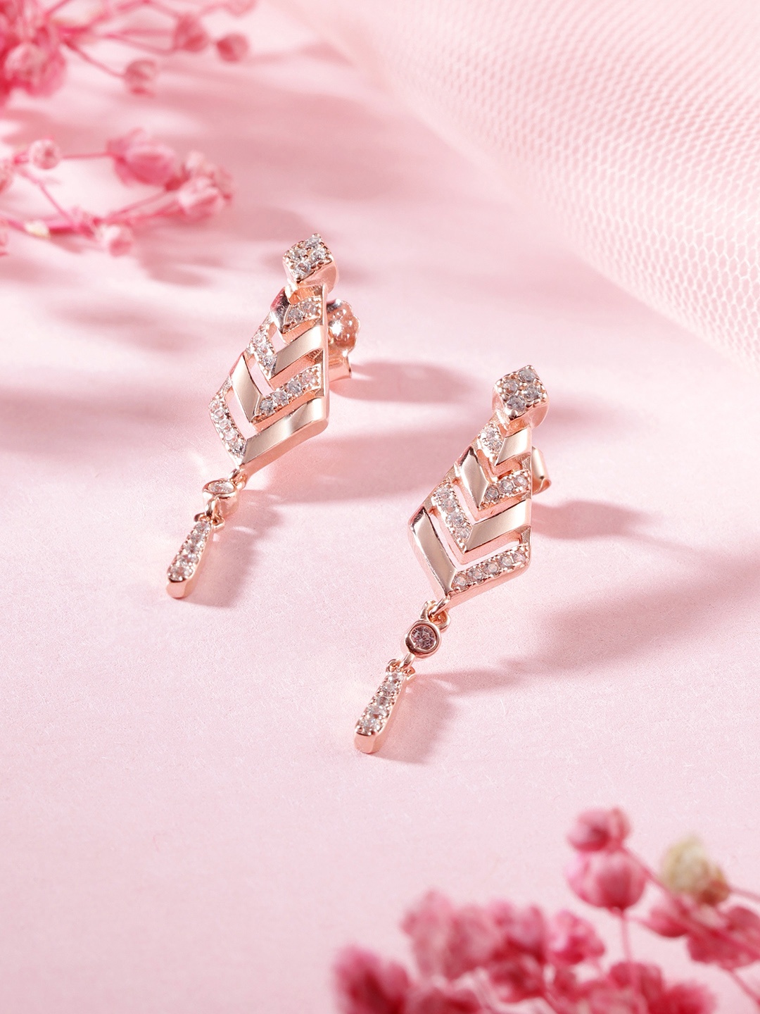 

Zavya Rose Gold Plated CZ Studded Sterling Silver Leaf Shaped Drop Earrings
