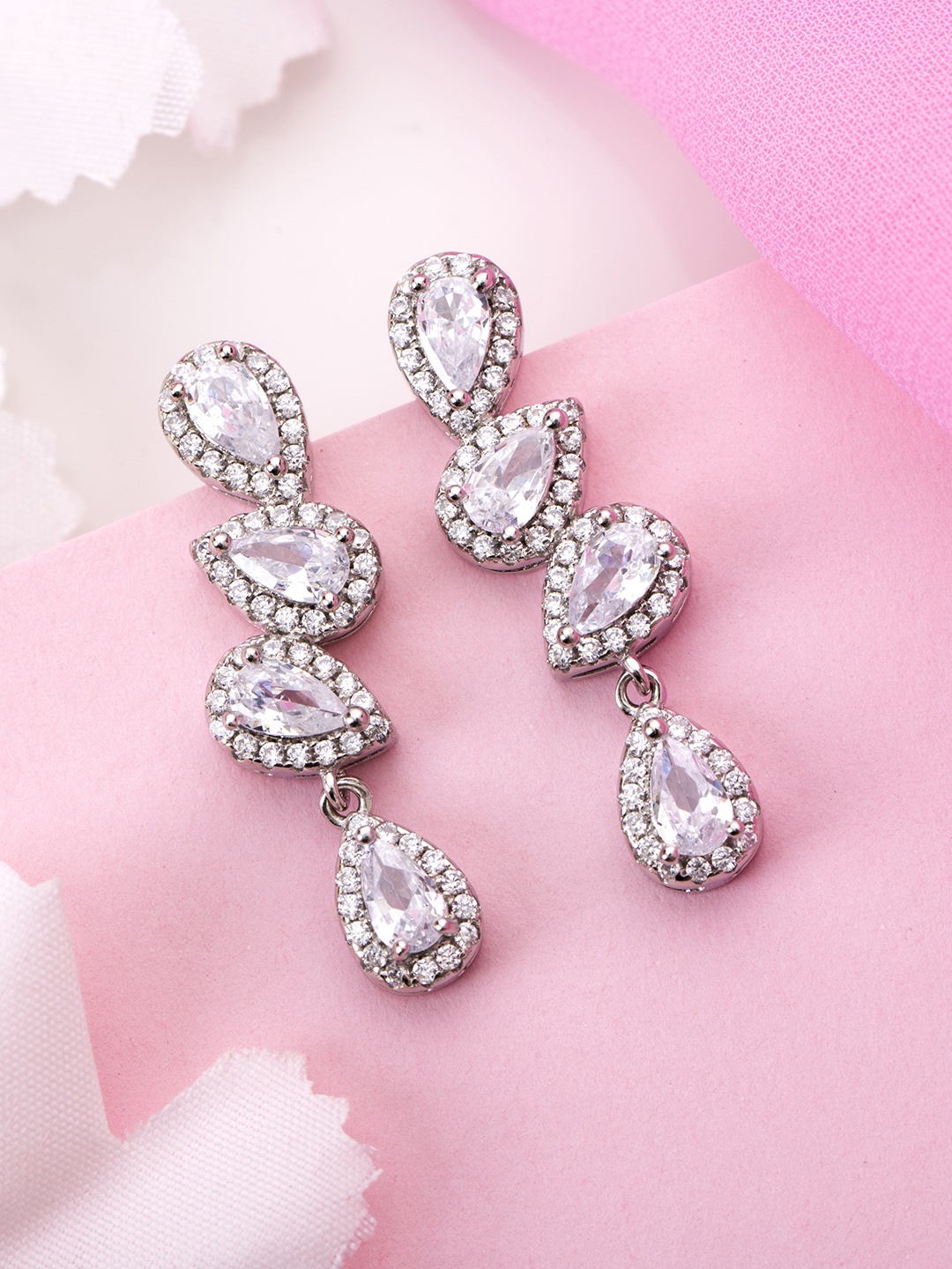 

Zavya Rhodium Plated CZ Studded Sterling Silver Teardrop Shaped Drop Earrings