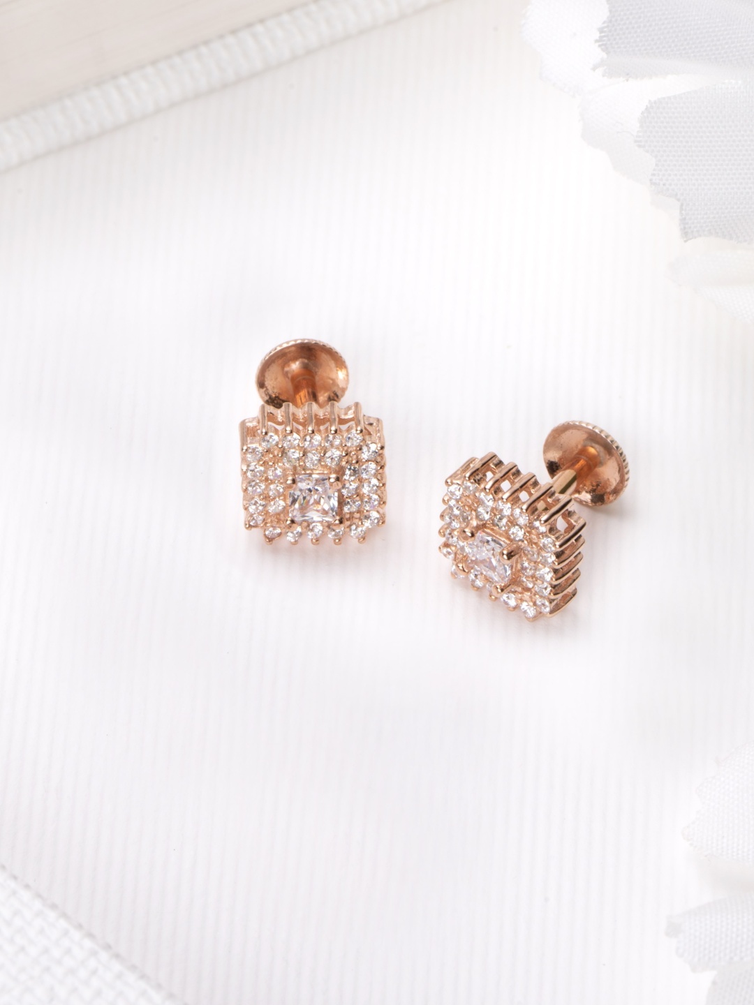 

Zavya Rose Gold-Plated CZ Studded Sterling Silver Square Studs Earrings
