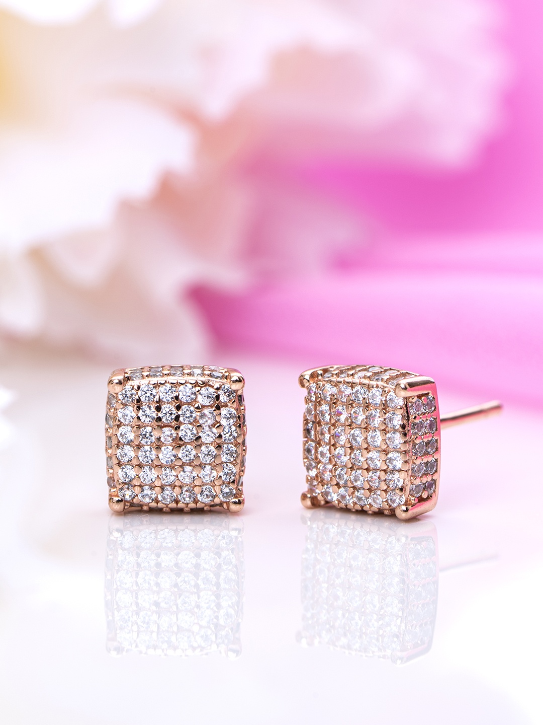 

Zavya Rose Gold-Plated CZ Studded Sterling Silver Square Studs Earrings
