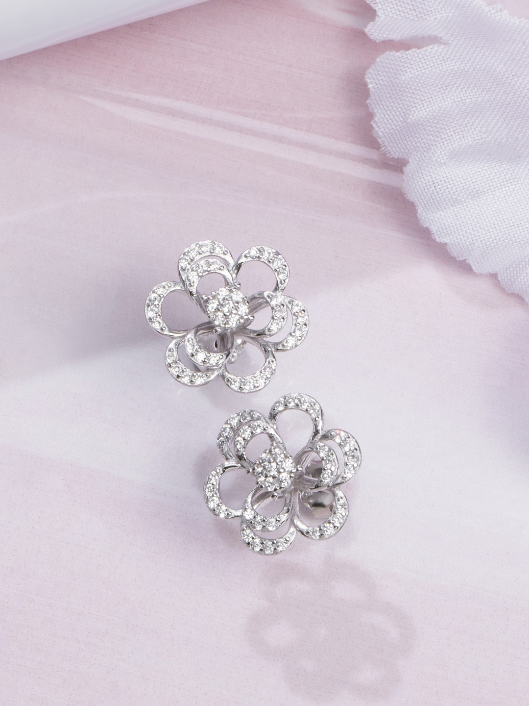 

Zavya Rhodium-Plated CZ Studded Sterling Silver Floral Studs Earrings