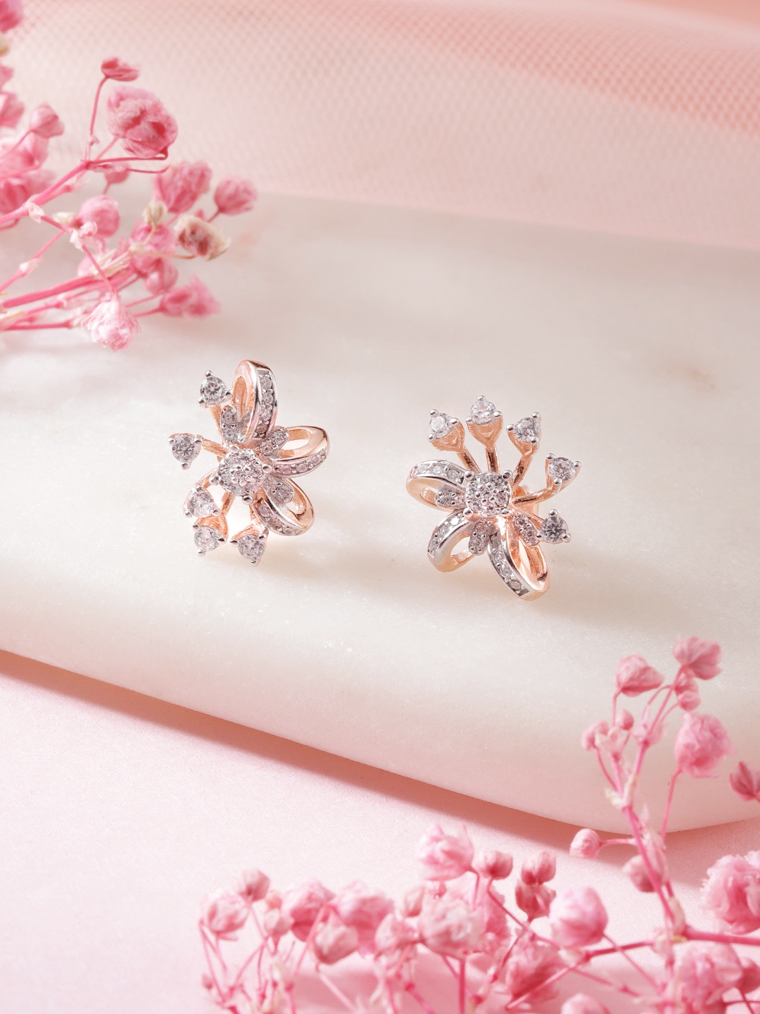 

Zavya Rose Gold-Plated CZ Studded Sterling Silver Floral Studs Earrings