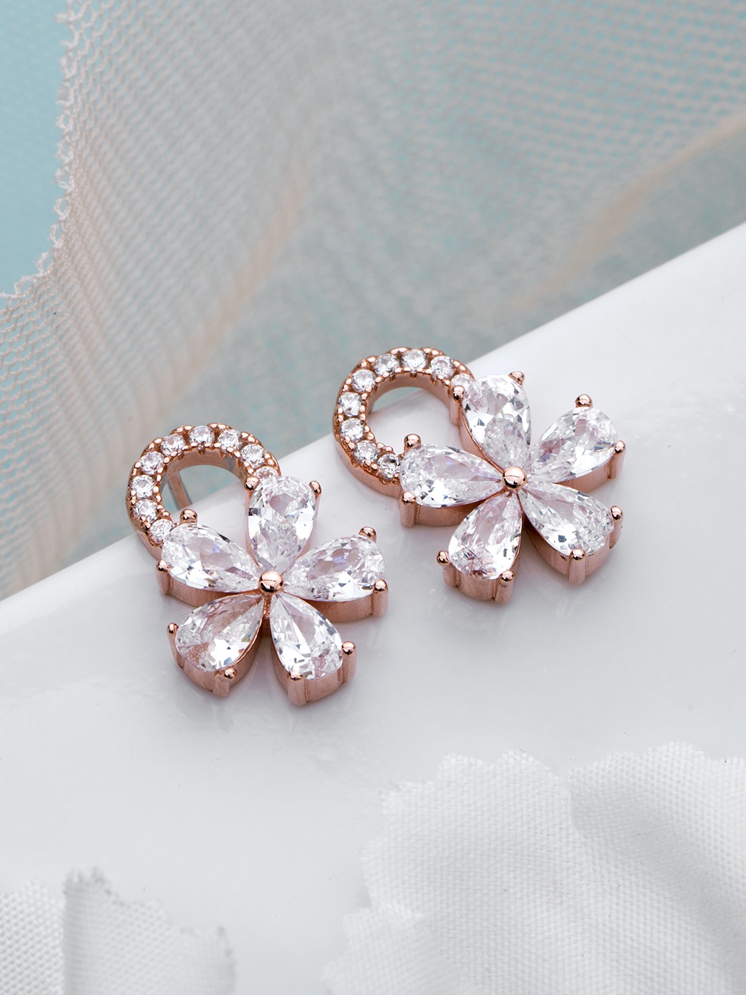 

Zavya Rose Gold-Plated CZ Studded Sterling Silver Floral Studs Earrings